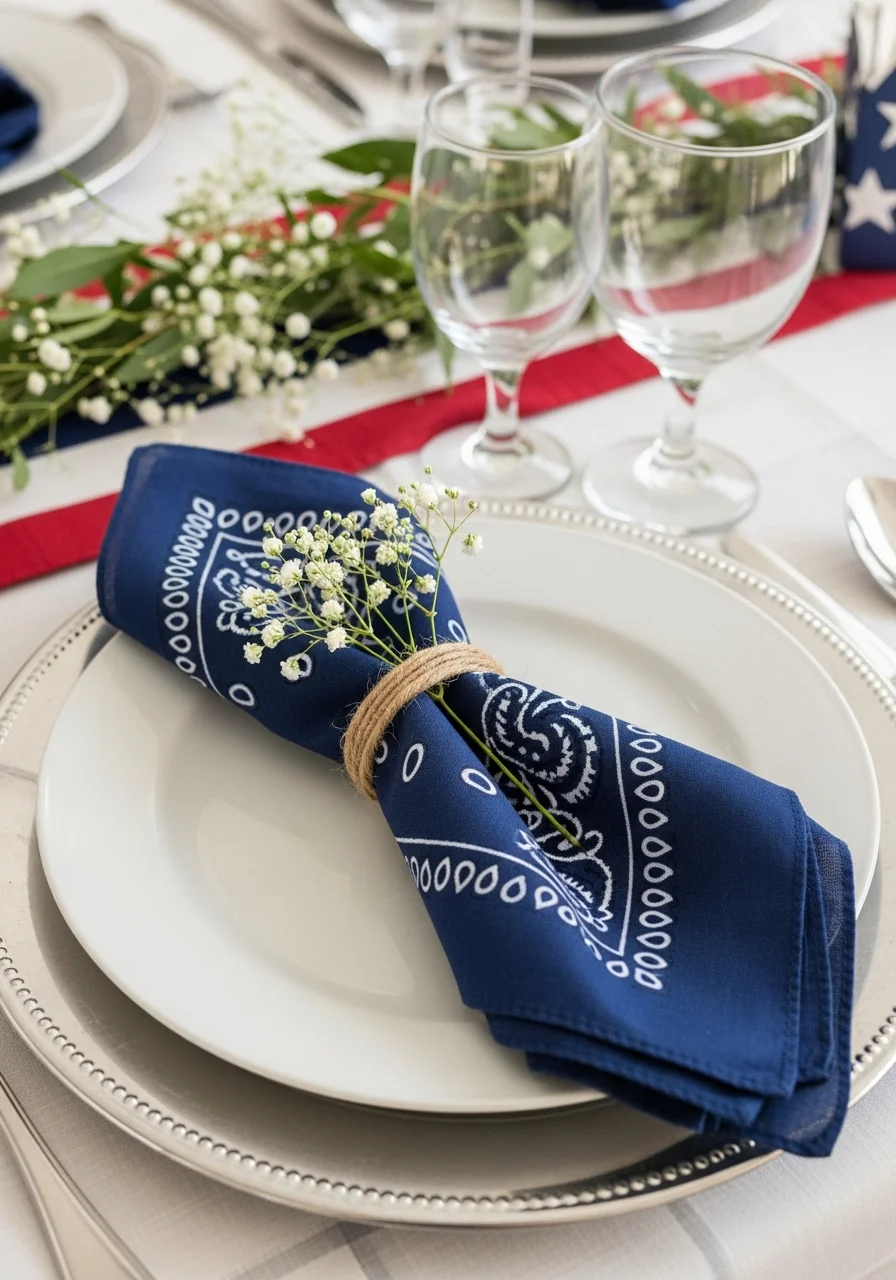 Navy bandana used as a napkin with a twine ring and white flowers.