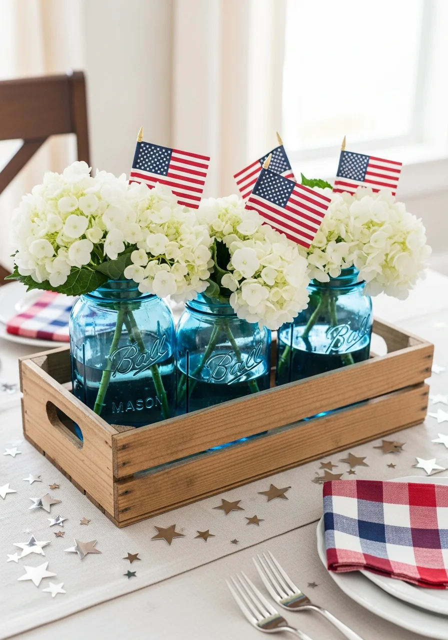 Blue mason jars with white flowers and small flags in a wooden crate.