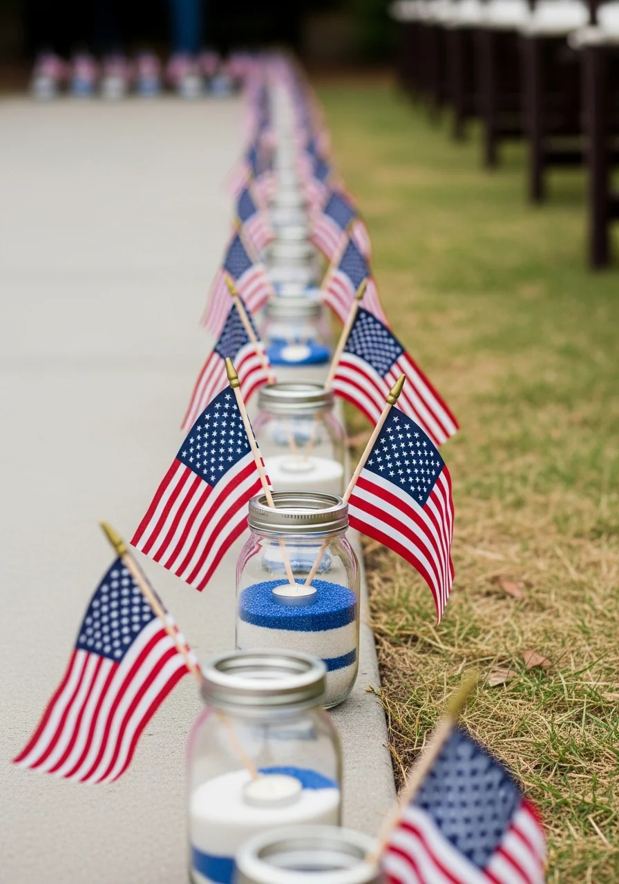 Glass mason jars with tea lights and small flags lining a garden walkway.