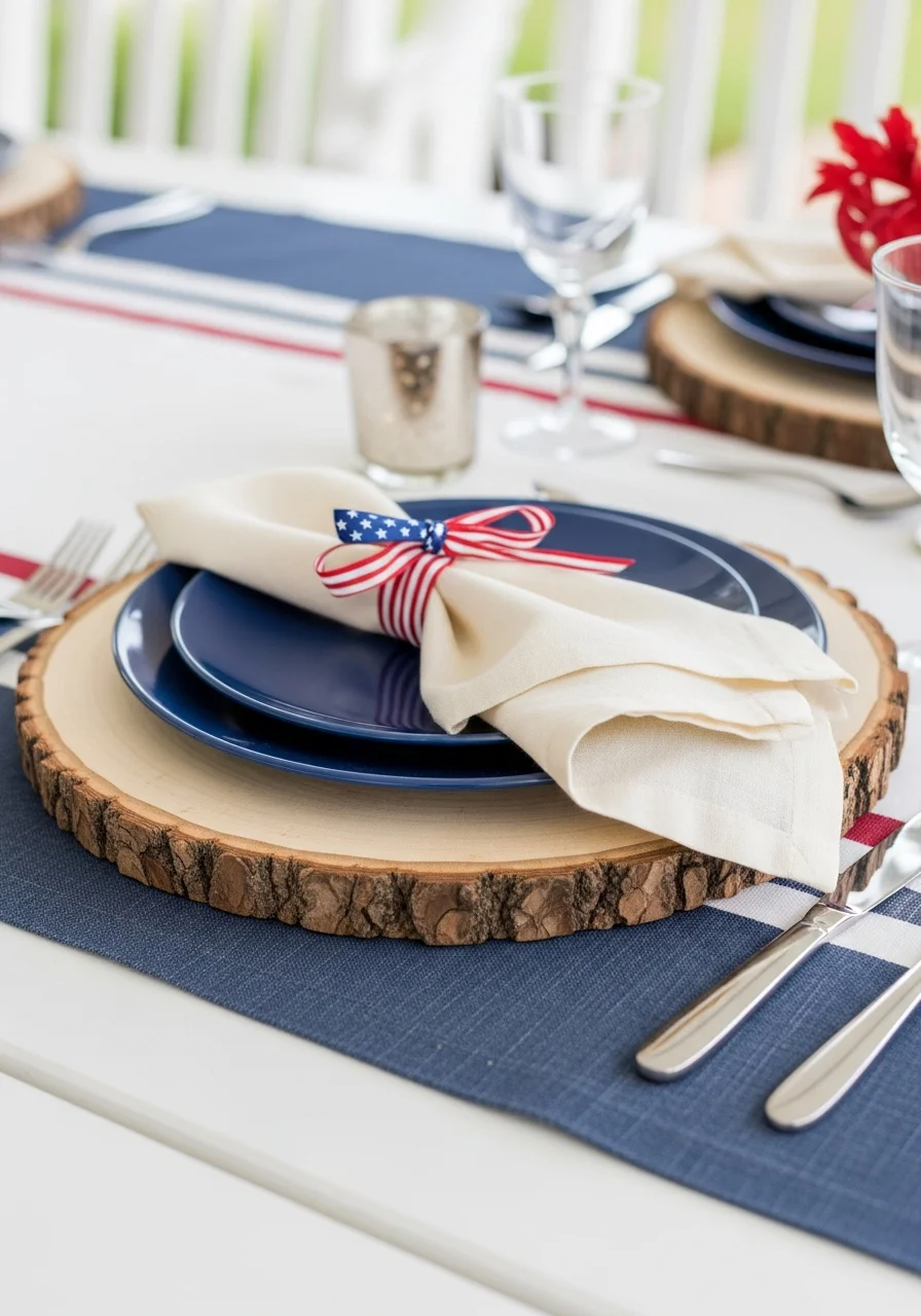 Table setting with a wood slice charger and a navy blue plate.