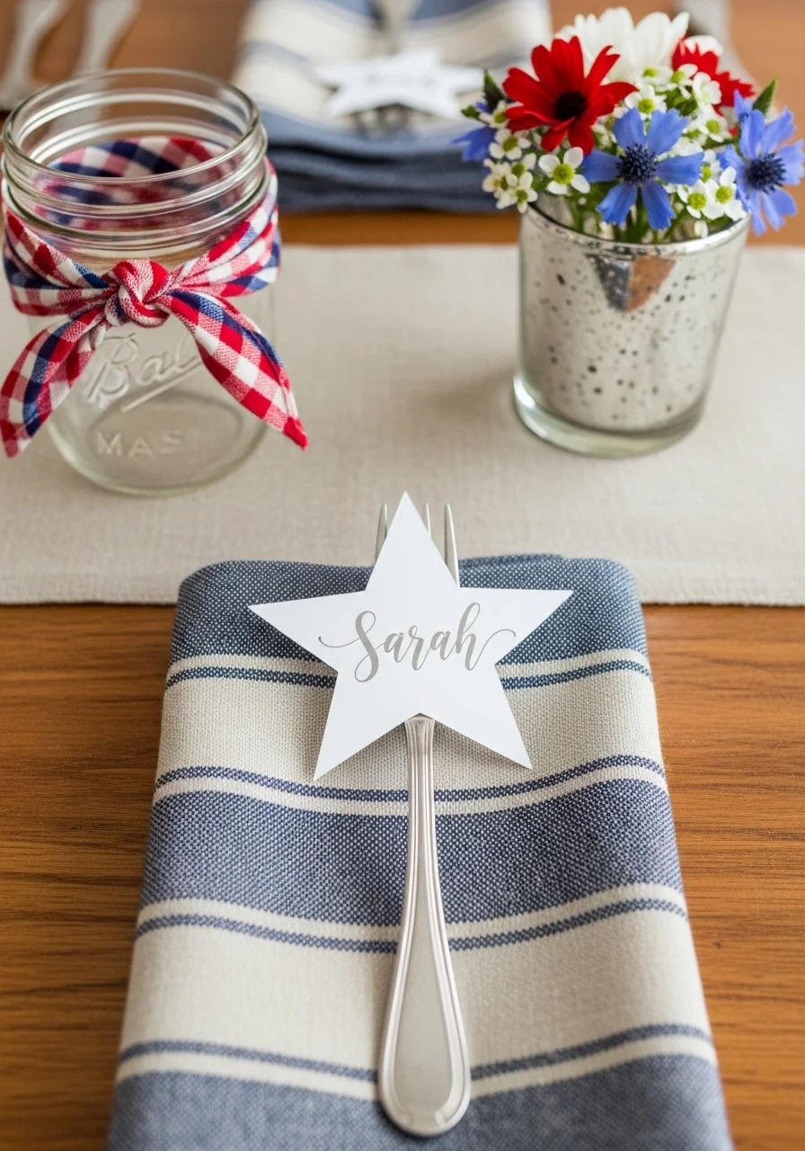 White cardstock star with a name in silver ink on a silver fork.