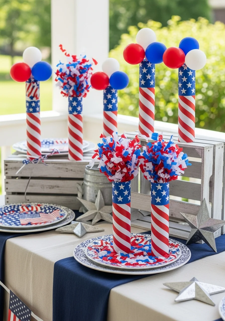 Handmade confetti poppers wrapped in striped paper.