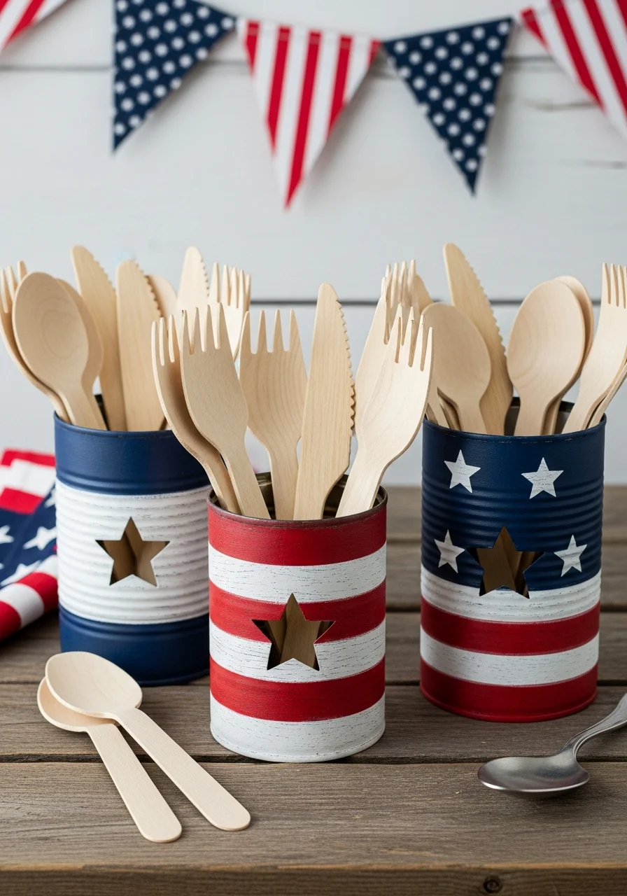 Three painted tin cans holding wooden silverware.