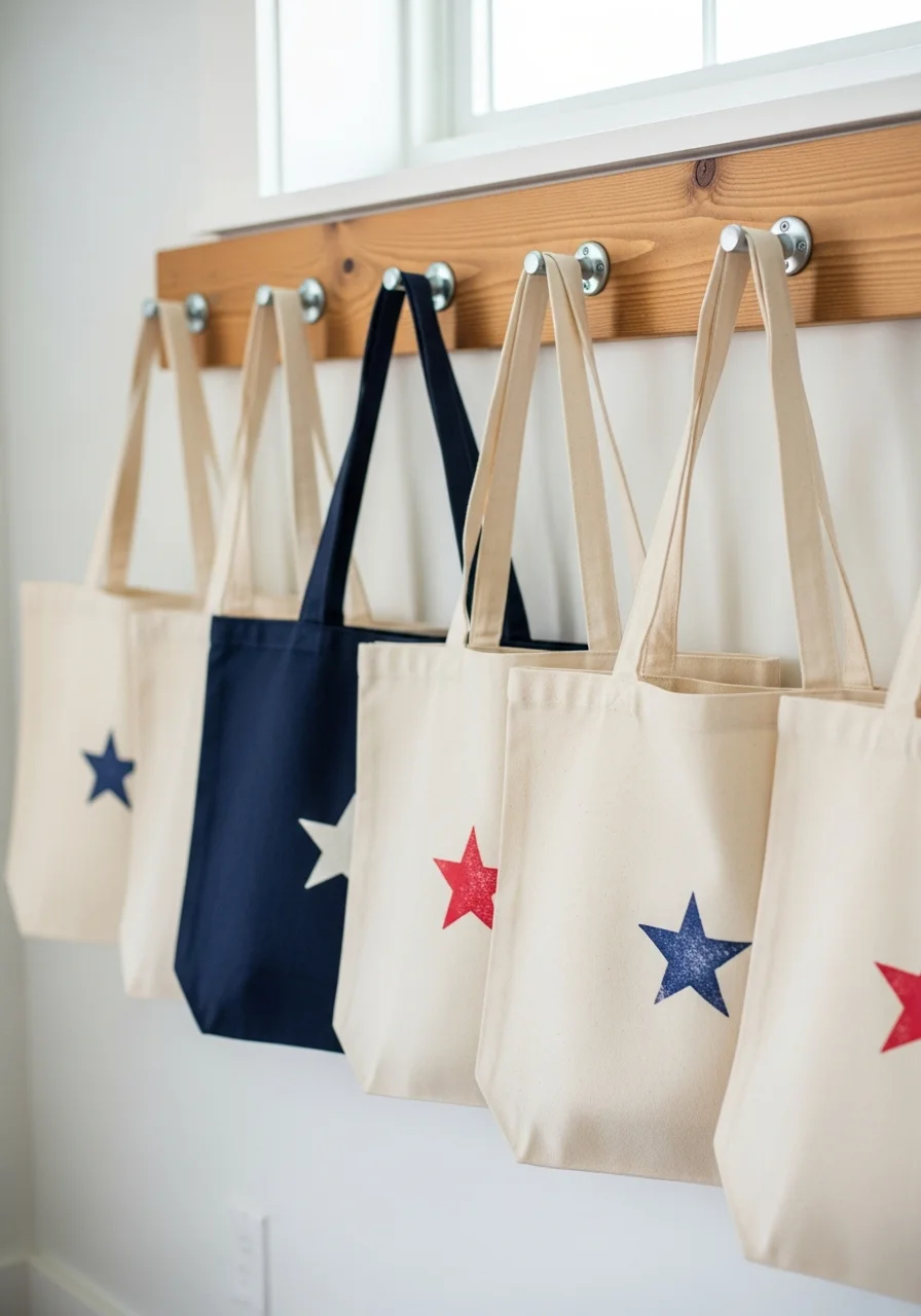 Canvas tote bags with red and blue star stamps on a peg rail.