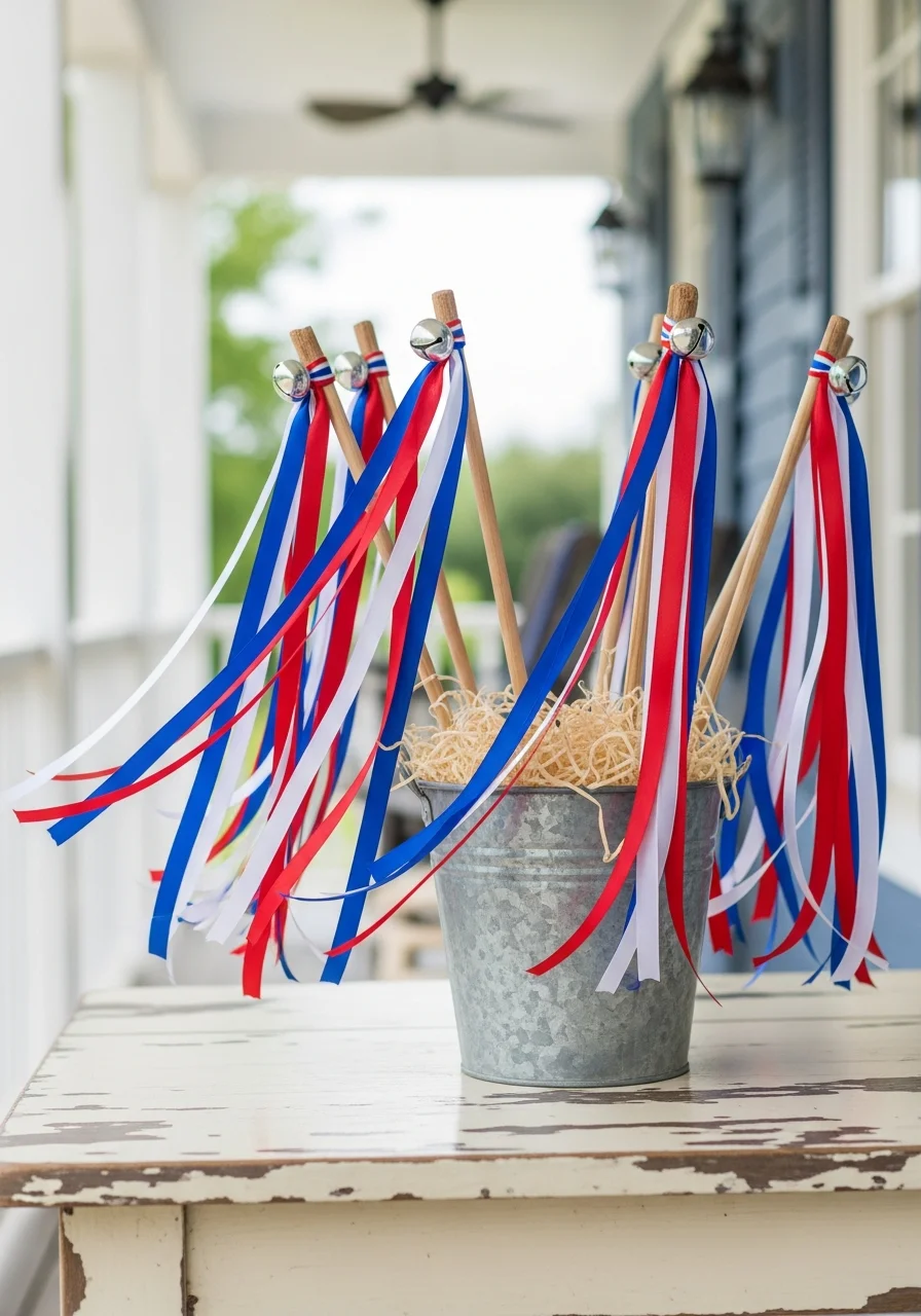 Wooden wands with red, white, and blue ribbons and a small bell.