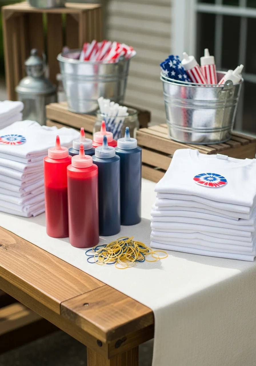 Tie-dye station with squeeze bottles and white t-shirts.