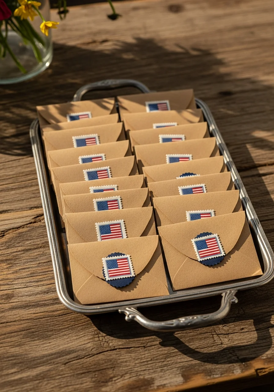 Small paper envelopes with flag stamps in a silver tray.