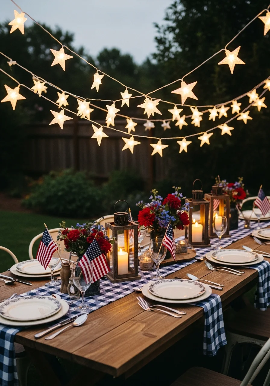 Warm star-shaped string lights hanging over a wooden outdoor dining table at twilight.