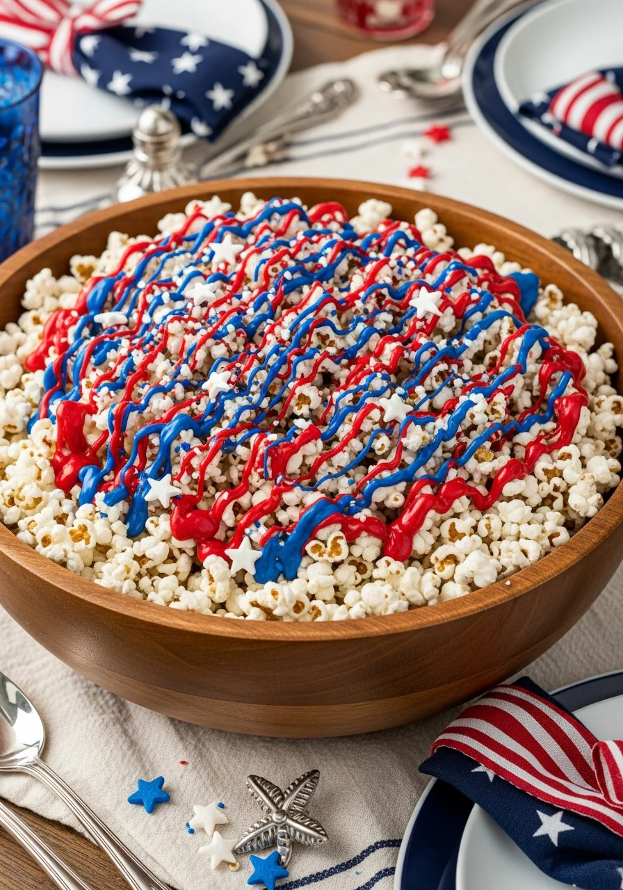Wooden bowl of popcorn with red and blue chocolate drizzle and star sprinkles.