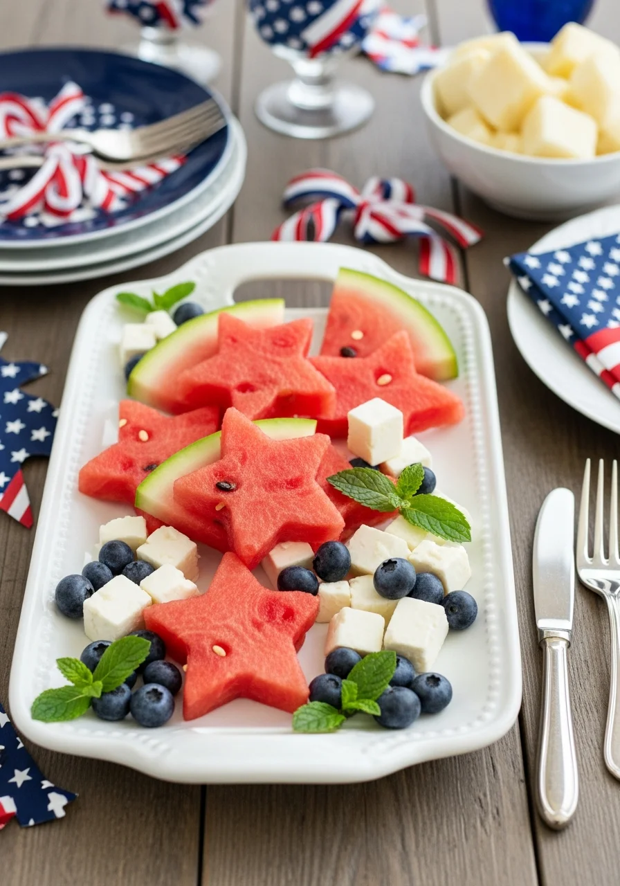 Ceramic platter with star-shaped watermelon, feta cubes, and blueberries.