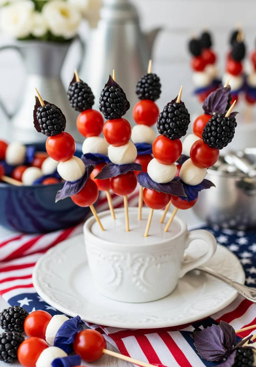Wooden skewers with tomatoes, mozzarella, and blackberries on a serving tray.