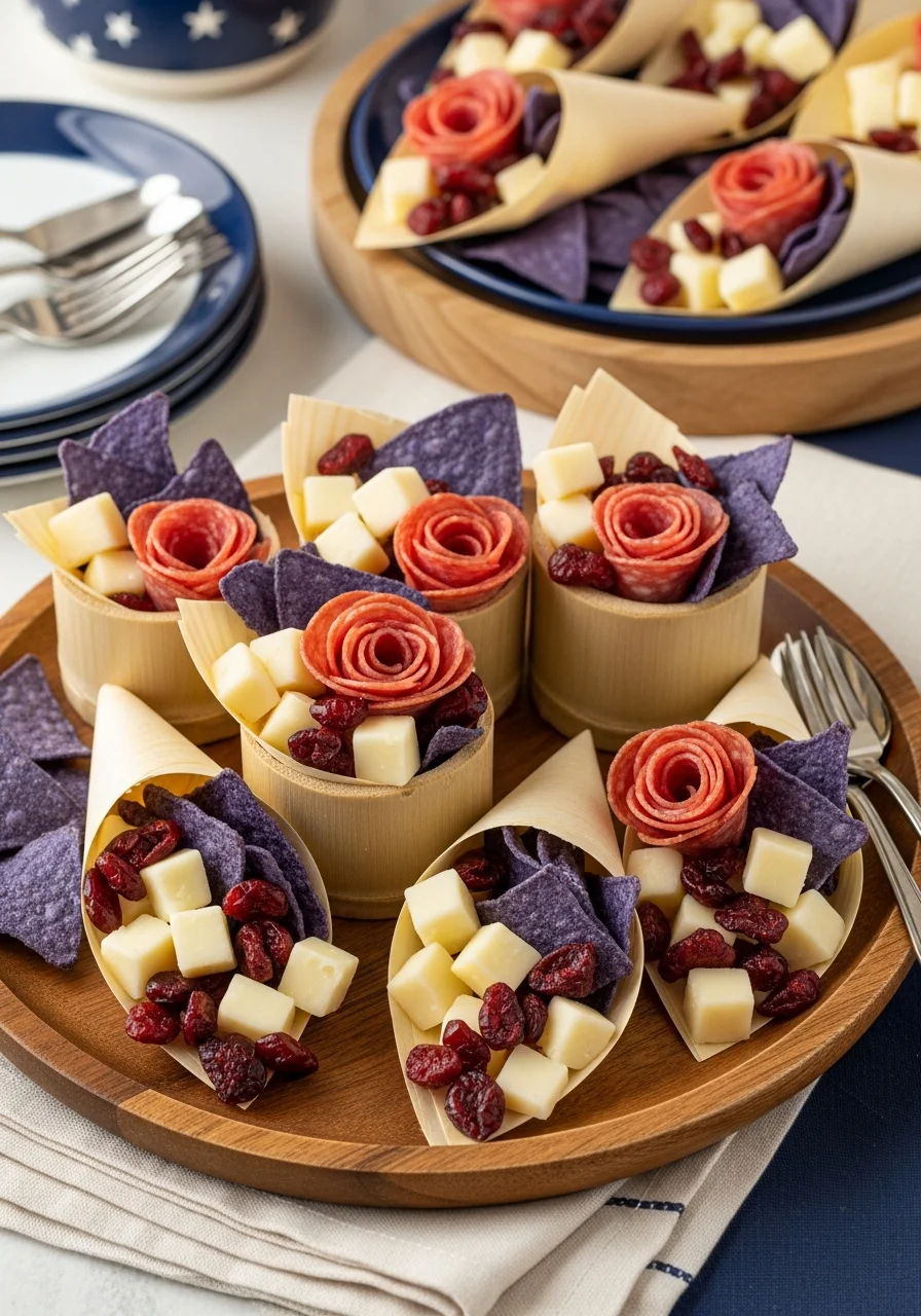 Bamboo cones filled with cheese, meat, and blue corn chips.
