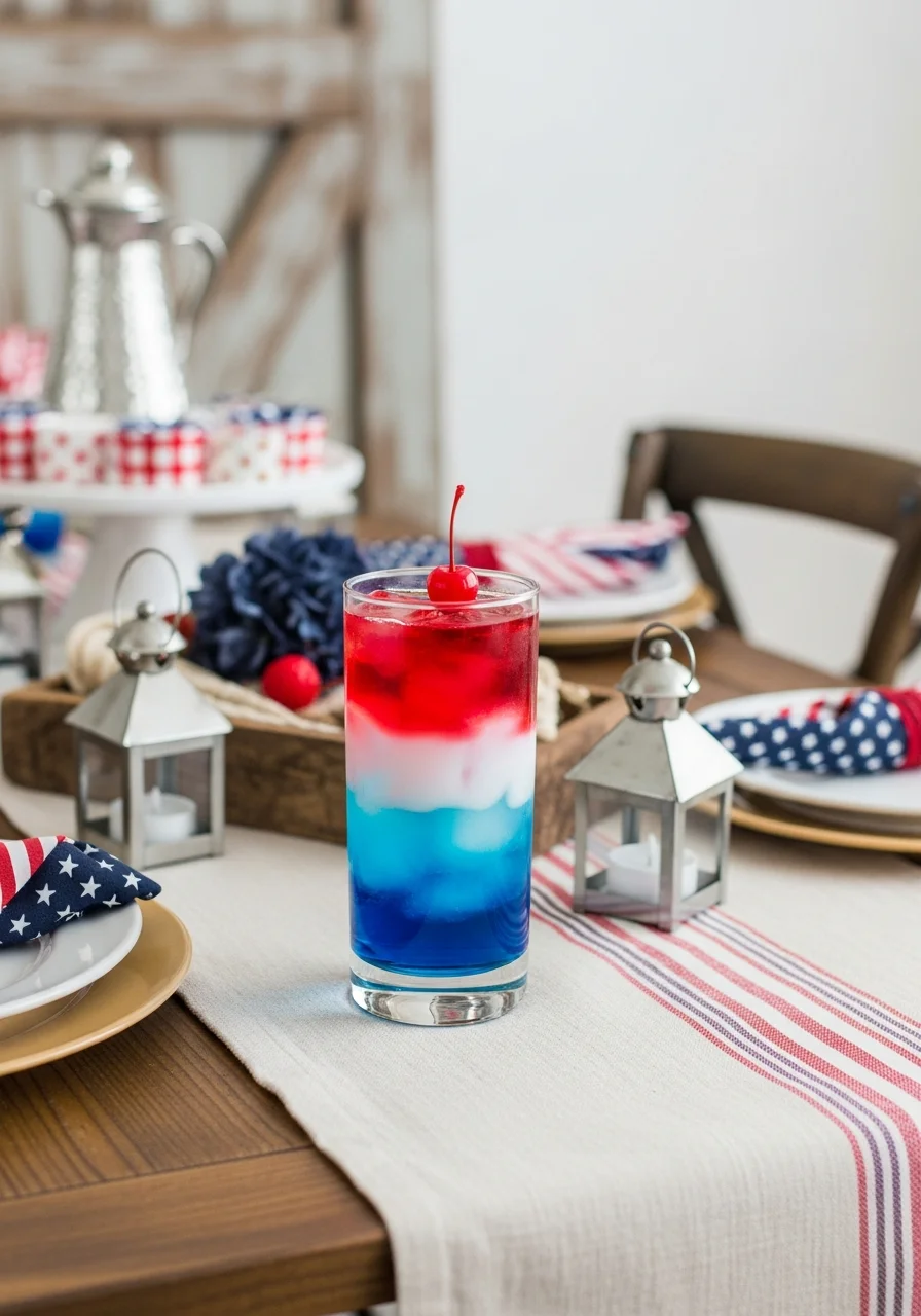 Tall glass with red, white, and blue liquid layers and a cherry on top.