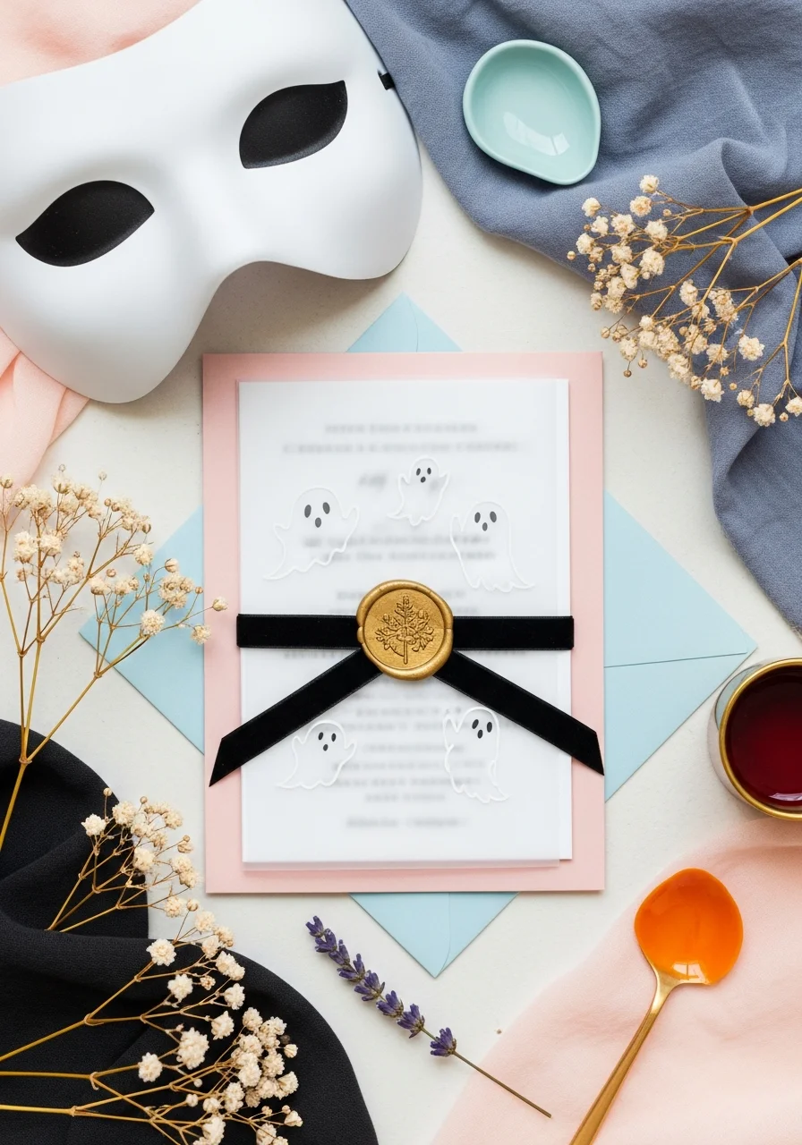 A high-end baby shower invitation with a vellum ghost overlay and gold wax seal on pink cardstock.