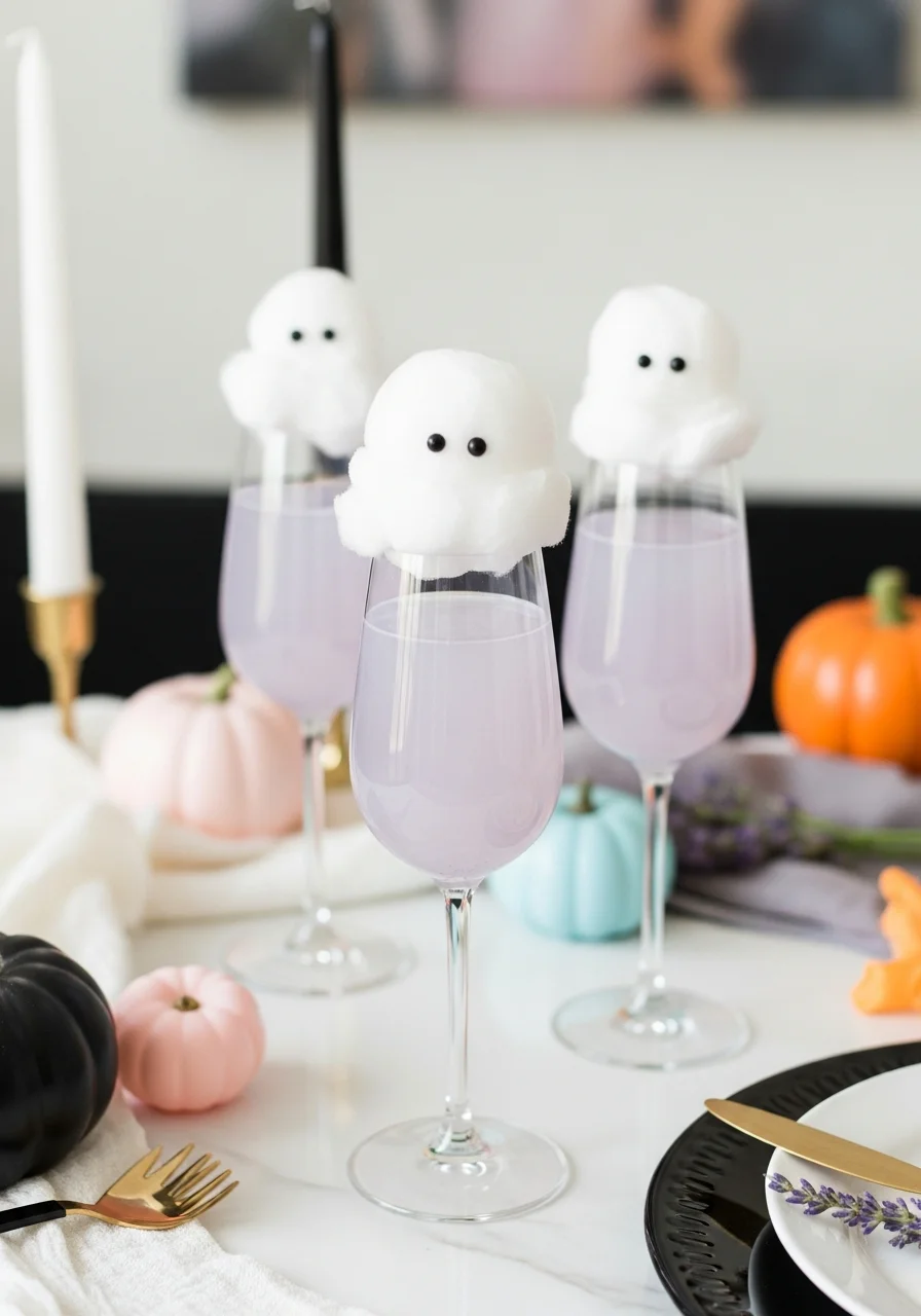 Lavender mocktails in glass flutes topped with white cotton candy ghosts.