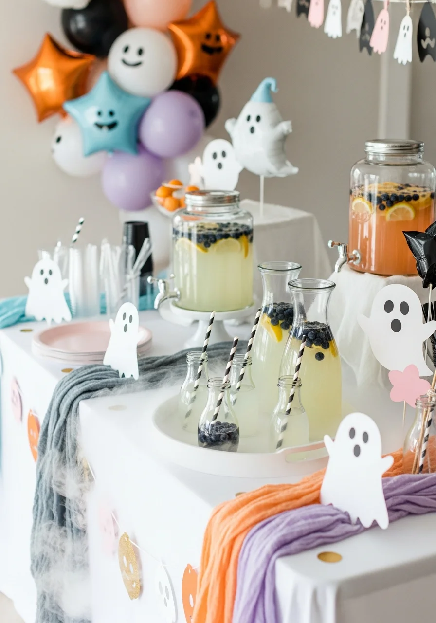 Blueberry lemonade served in potion bottles with a low-lying fog effect on a table.