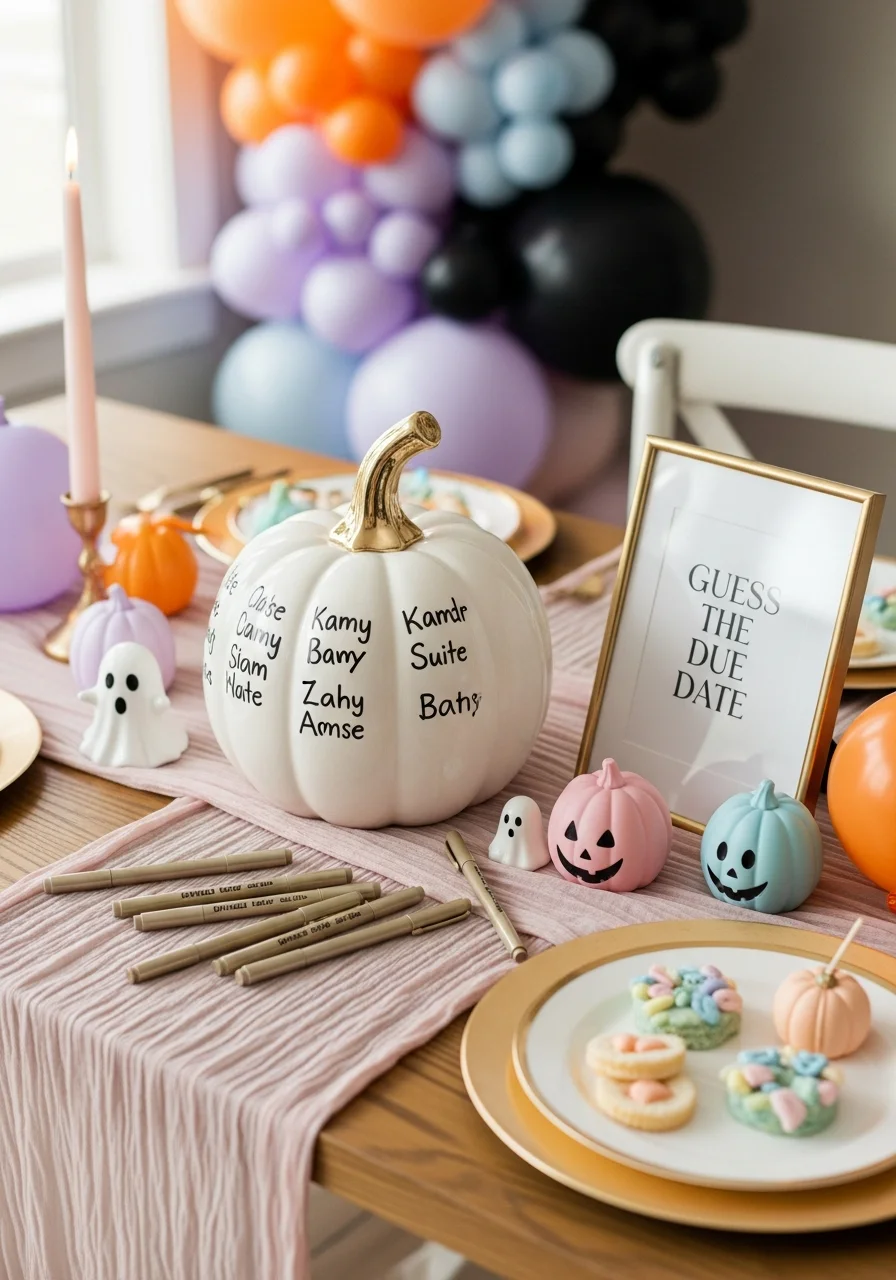 A white ceramic pumpkin being used as a due date prediction guest book with gold markers.