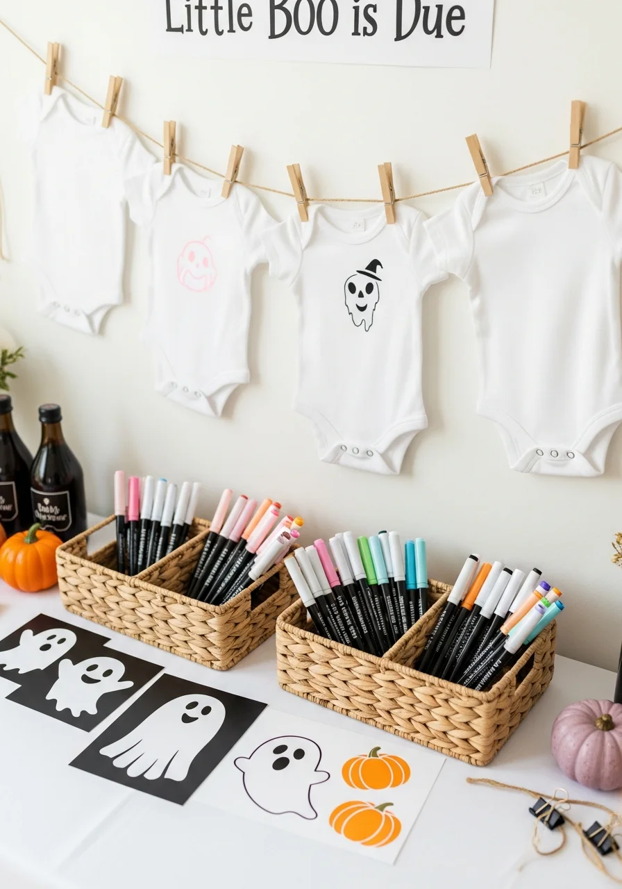 A baby onesie decorating station with fabric markers and ghost stencils.