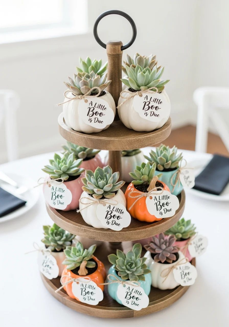 Mini succulents in white ceramic pumpkin planters with favor tags.