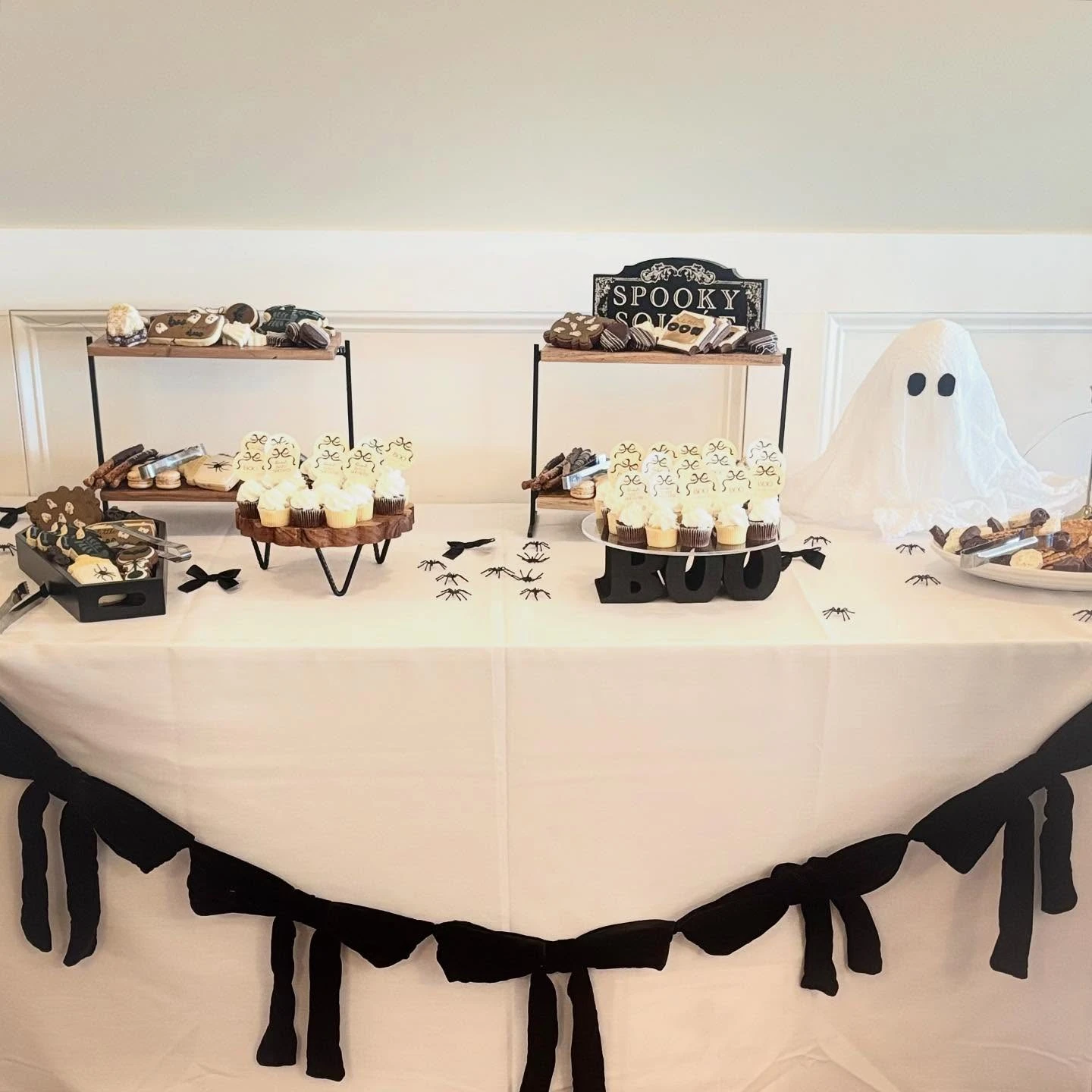 Monochrome Ribbon Dessert Table a little boo is due baby shower ideas
