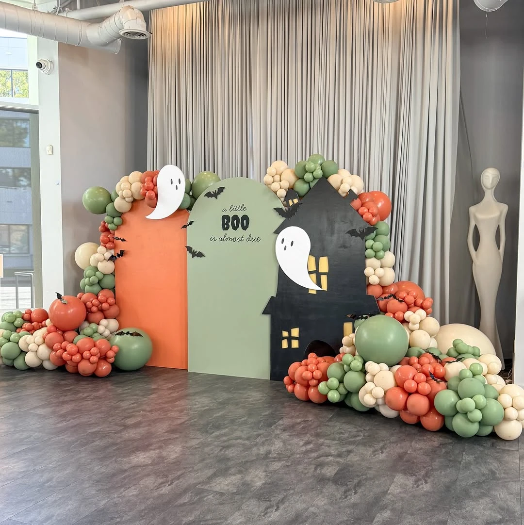 Layered Arched Photo Backdrop a little boo is due baby shower ideas