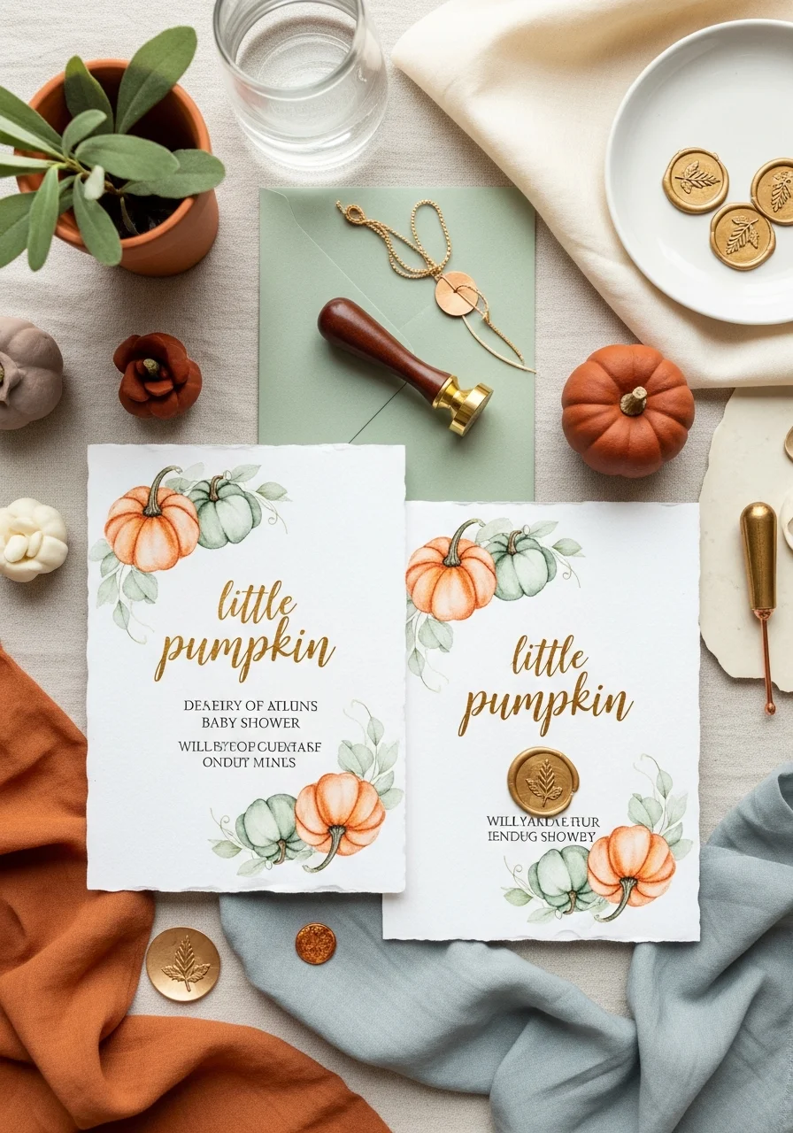 Watercolor pumpkin baby shower invitations on textured paper with a gold wax seal.