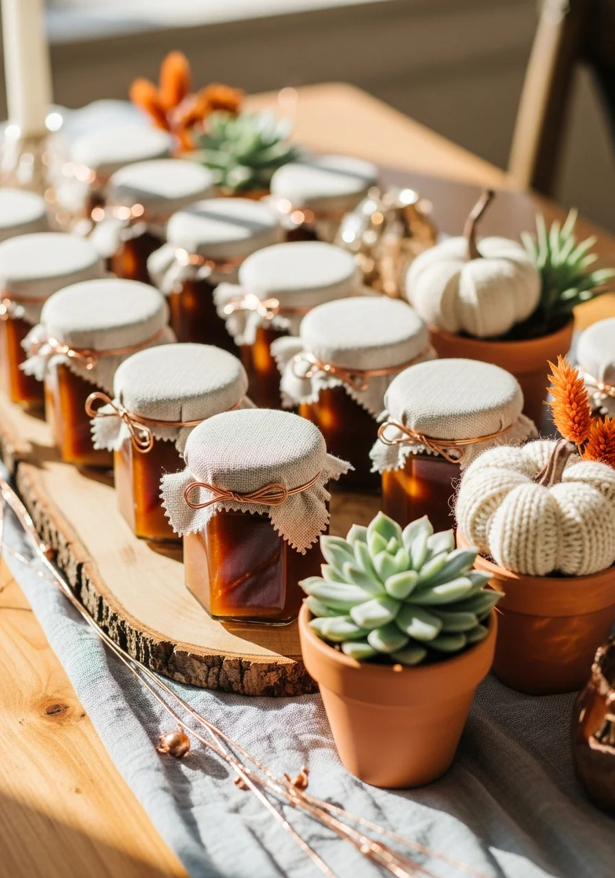 Glass jars of pumpkin butter with linen covers and copper wire ties.