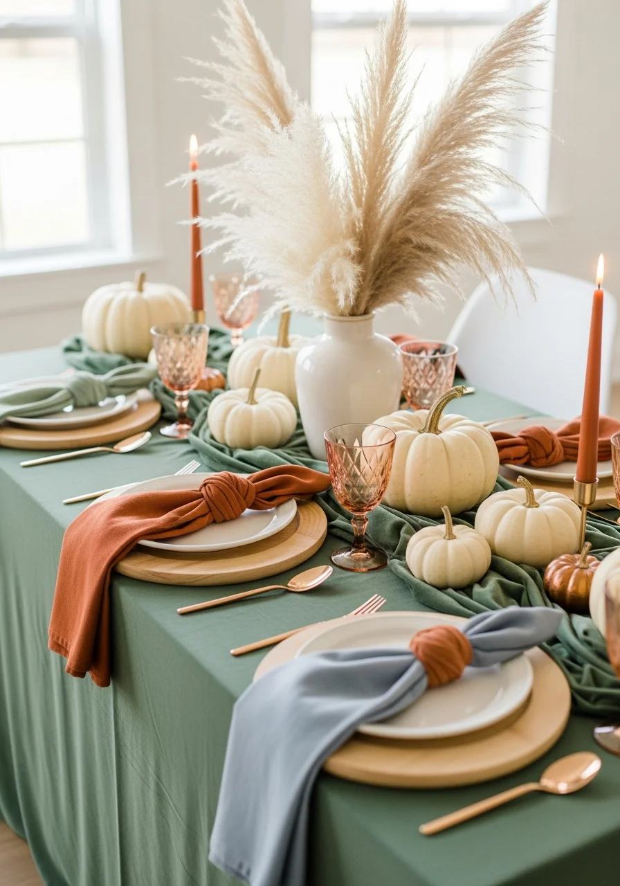 A sophisticated table setting with sage green velvet and white heirloom pumpkins.