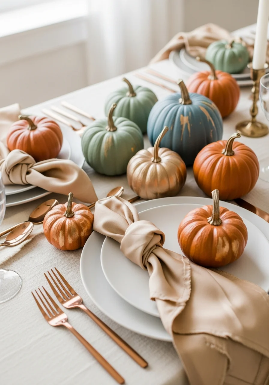 Copper cutlery and champagne napkins next to small metallic-painted pumpkins.