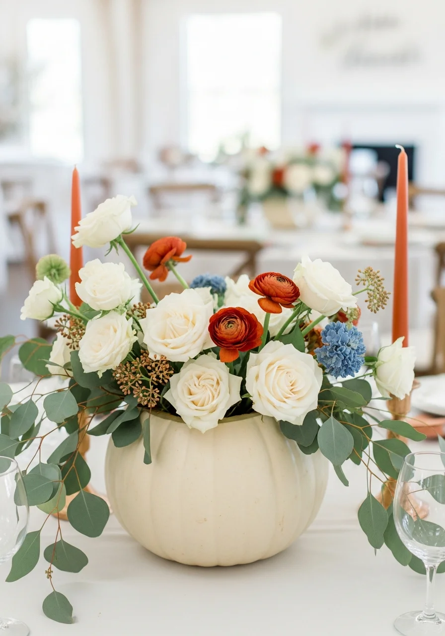 A white pumpkin used as a vase for cream and terracotta flowers.