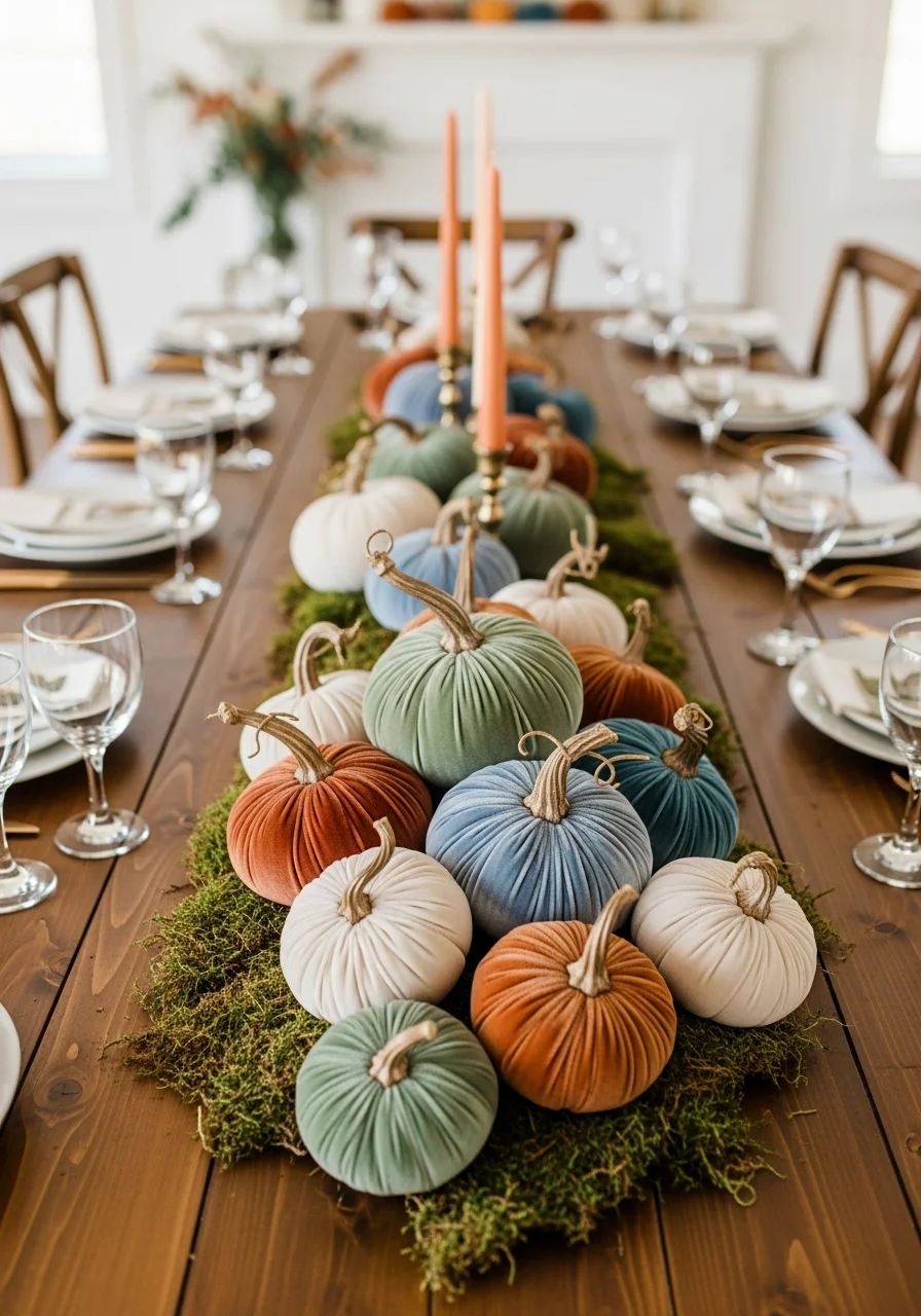 Clusters of velvet pumpkins in blue and sage on a mossy table runner.