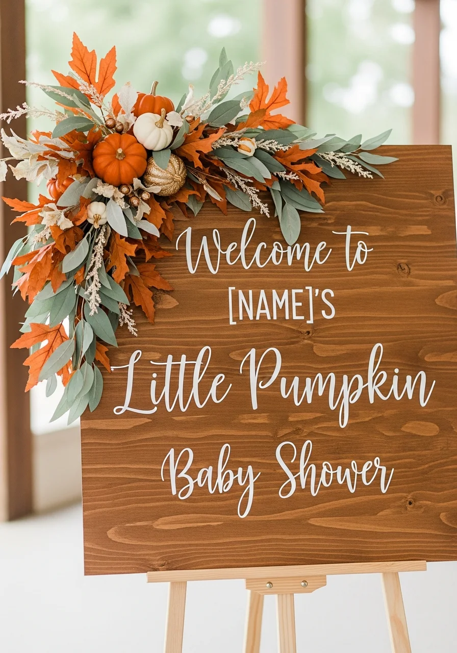 A dark wooden welcome sign with white calligraphy and autumn leaf decor.