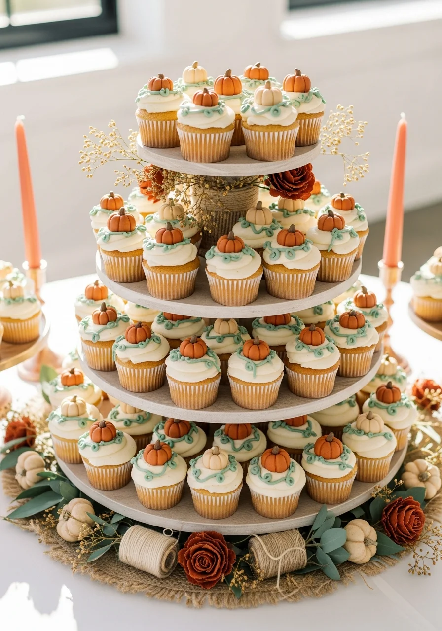Cupcakes with fondant pumpkins on a tiered wooden stand.