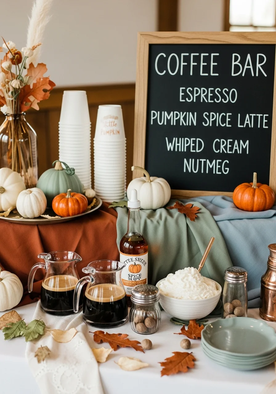 A coffee station with pumpkin spice syrups and carafes of espresso.