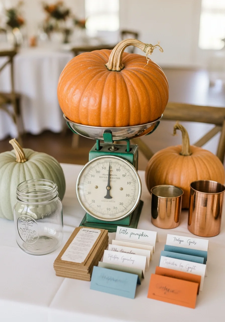 A large pumpkin on a vintage scale with guessing cards nearby.