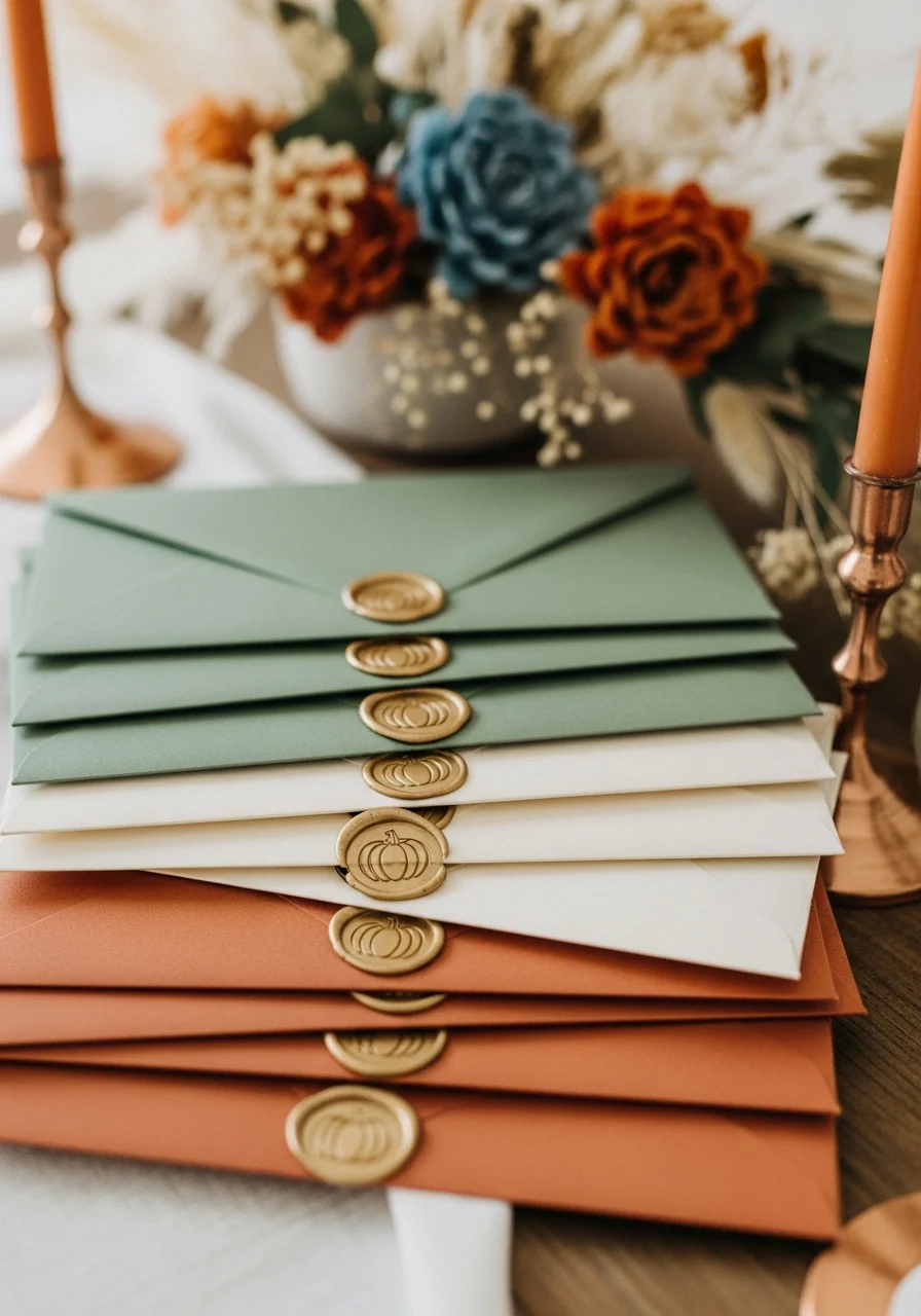 Terracotta envelopes with a gold pumpkin wax seal.