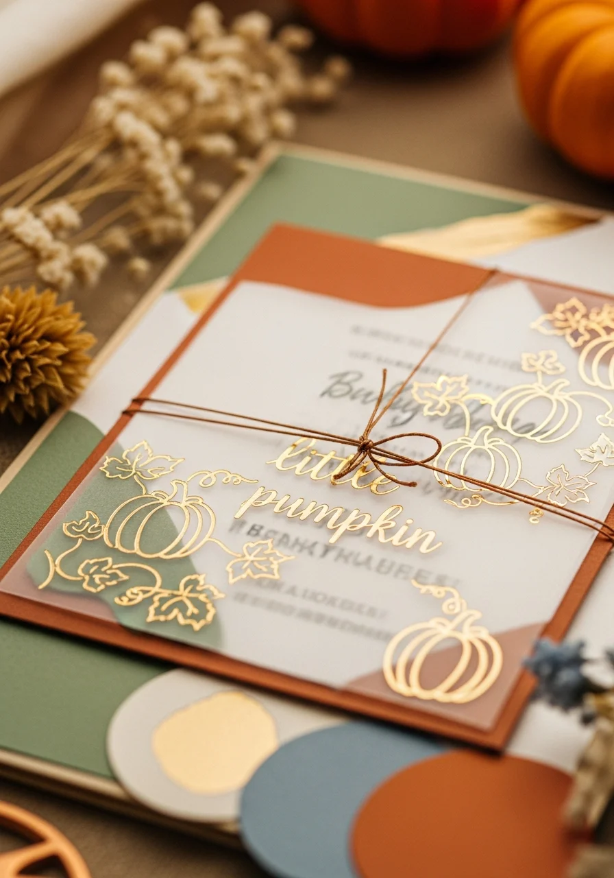 of a vellum invitation overlay with gold foil vine details and copper thread.