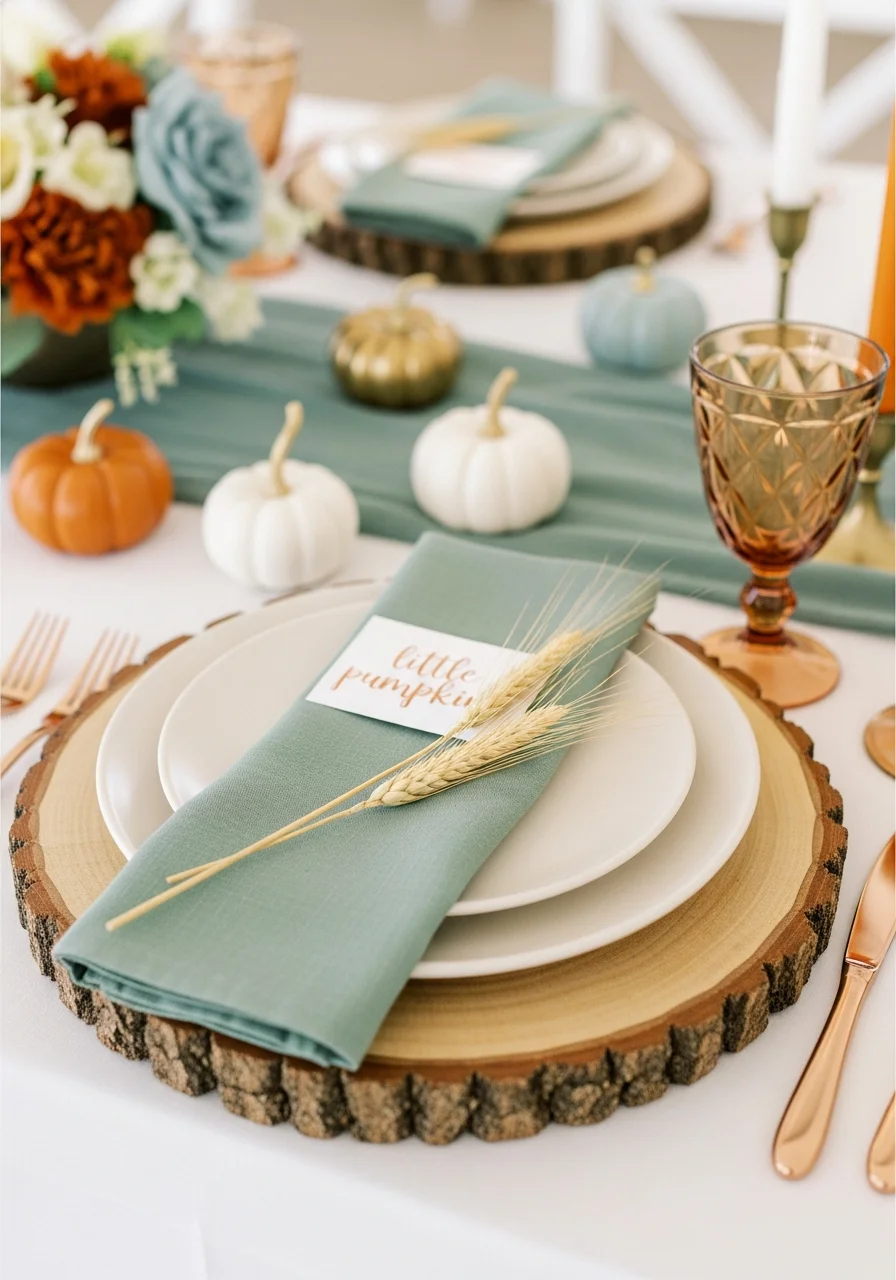 A table setting with a wood-slice charger and a sage green napkin.