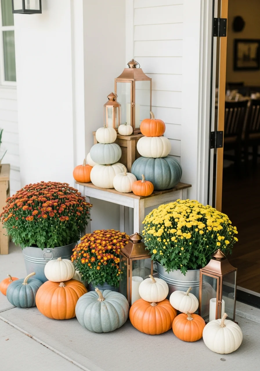 An entryway decorated with stacks of colorful heirloom pumpkins and lanterns.