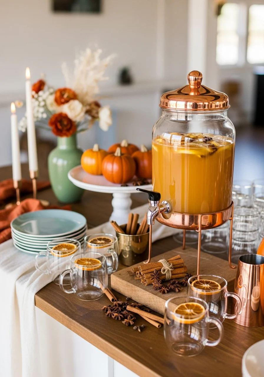 A rustic cider station with a copper dispenser and various garnishes on a wooden table.