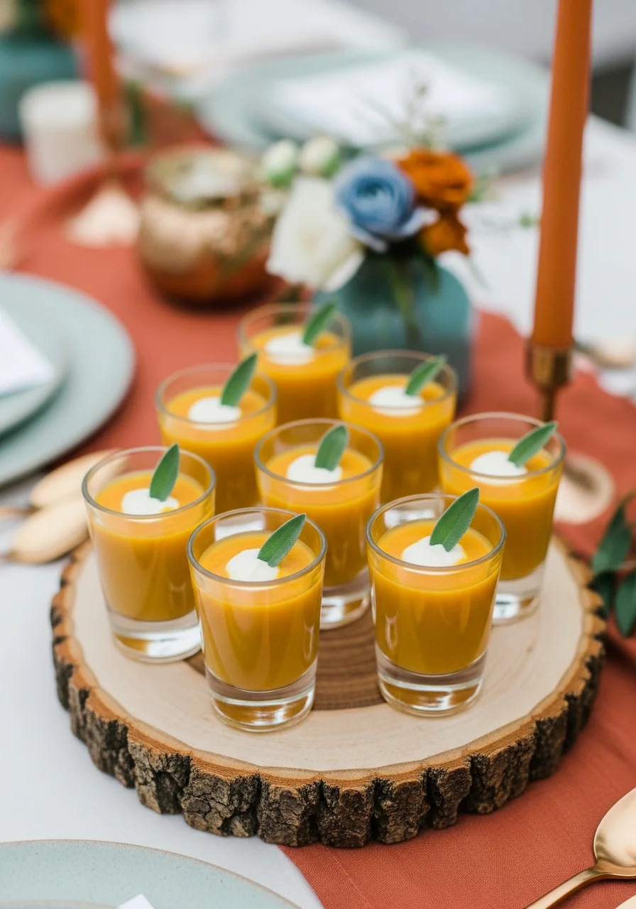 Miniature soup shooters on a wood slice platter topped with cream and sage.