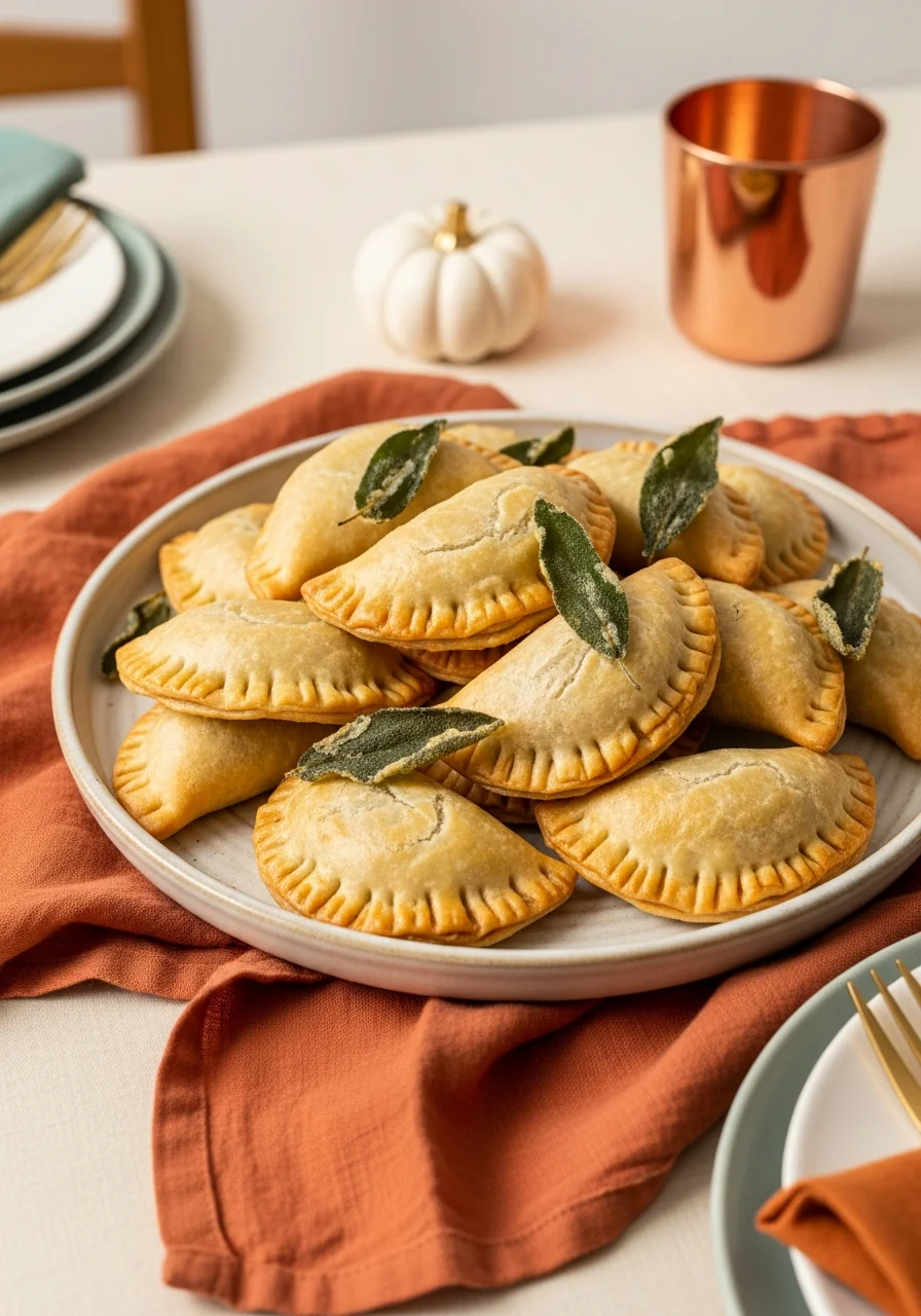 Golden-brown savory empanadas on a ceramic plate with sage leaf garnishes.