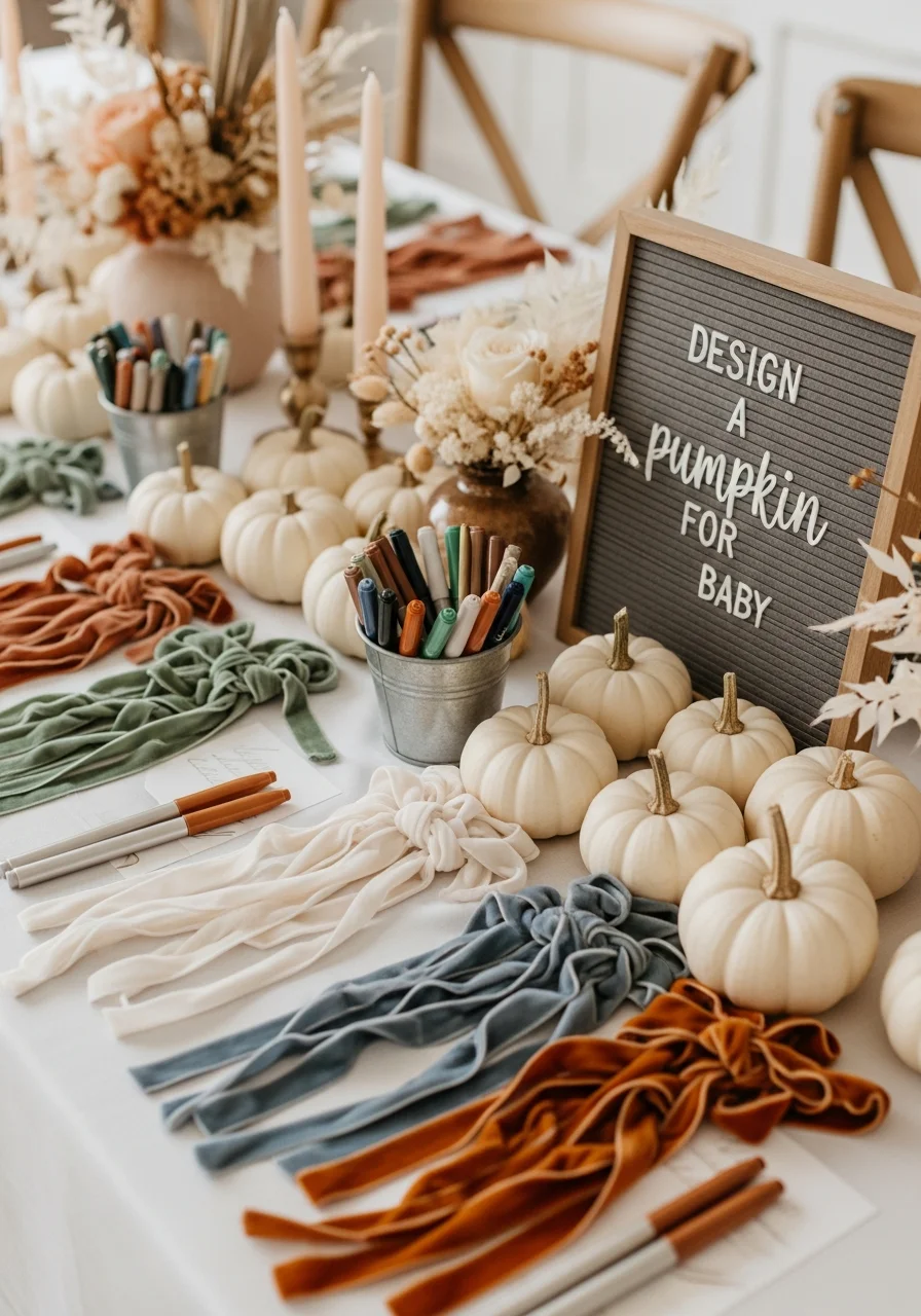 A craft station with white pumpkins, paint pens, and ribbons for guests to decorate.