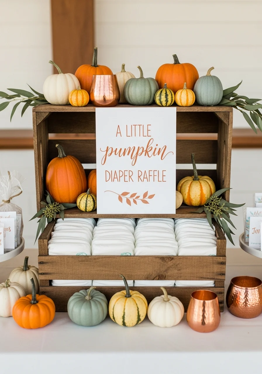Wooden crate for a diaper raffle with a calligraphed sign and small pumpkins.