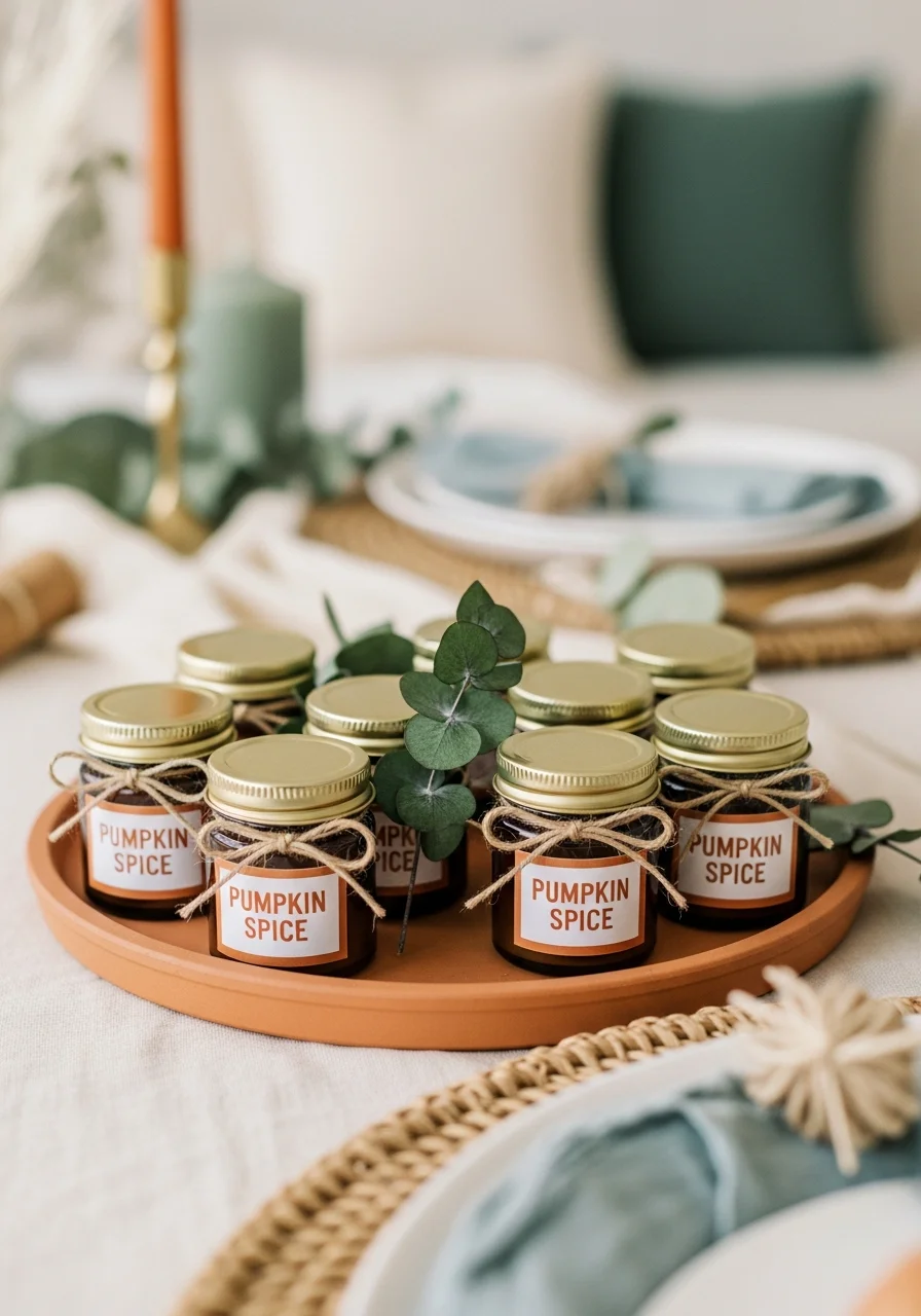 Amber glass pumpkin spice candles with twine bows on a tray.