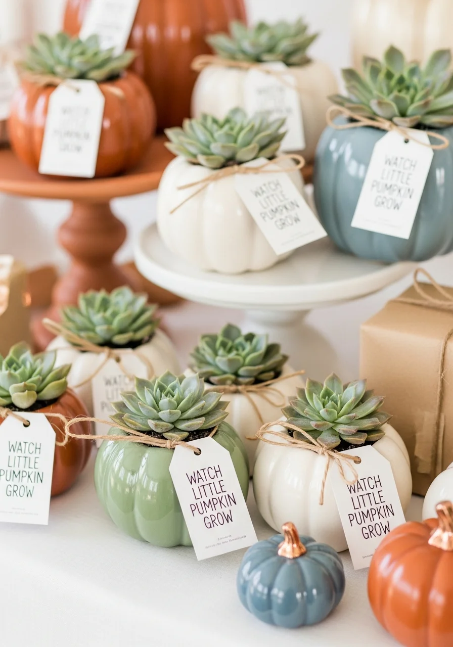 Miniature ceramic pumpkin planters with succulents and small paper tags.