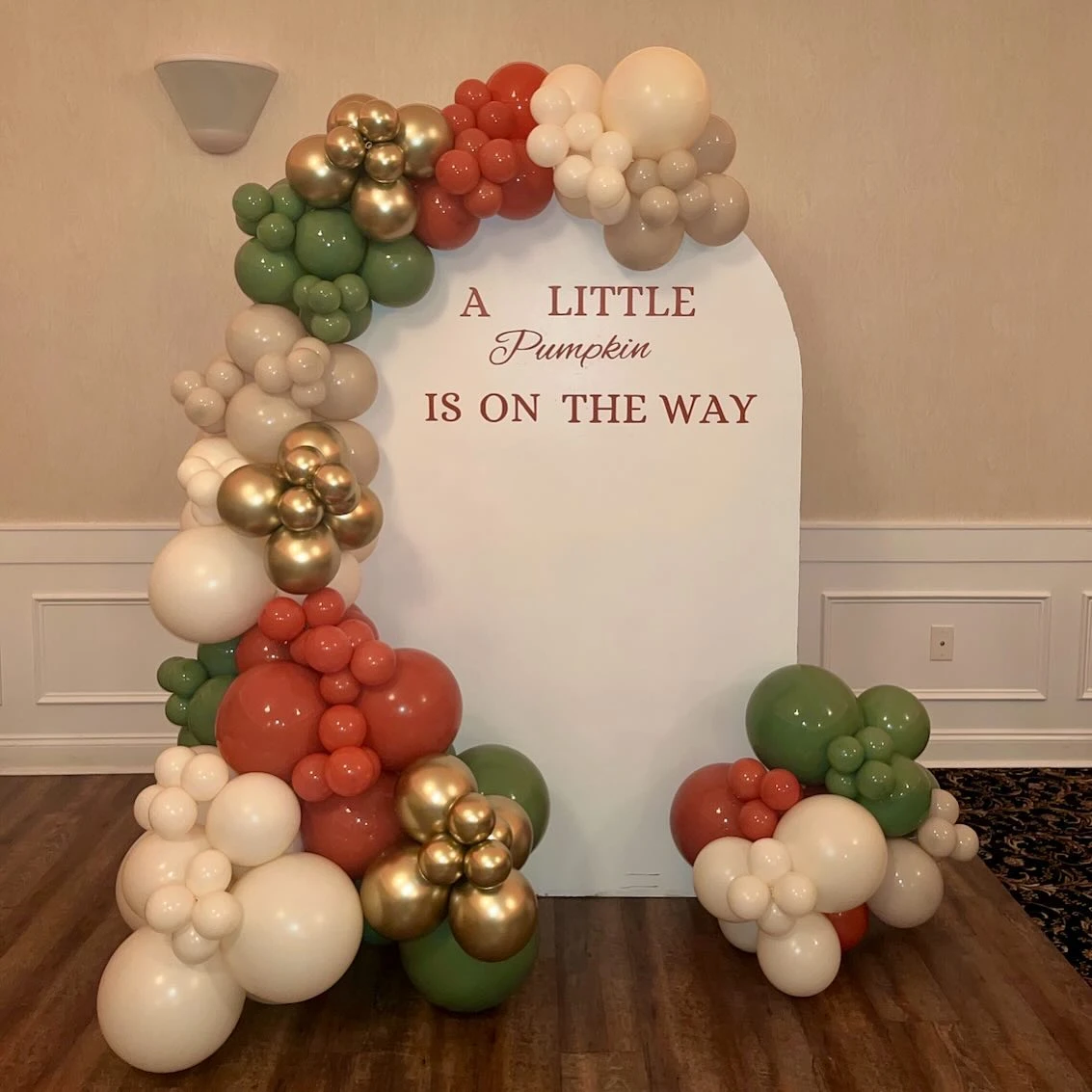 Earthy Balloon Arch Backdrop a little pumpkin baby shower theme