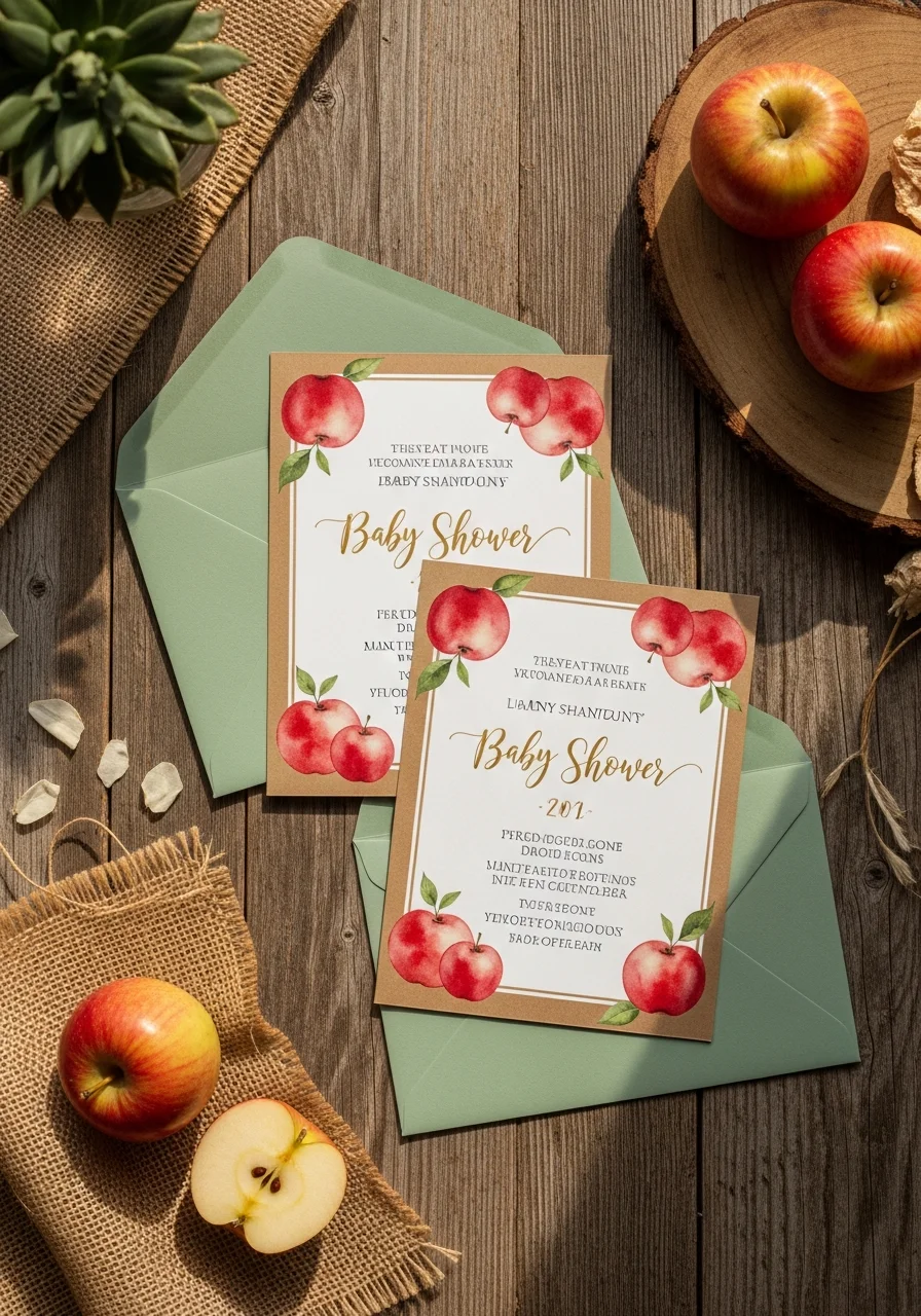 A rustic wedding invitation suite with watercolor apple illustrations and gold lettering on kraft paper.