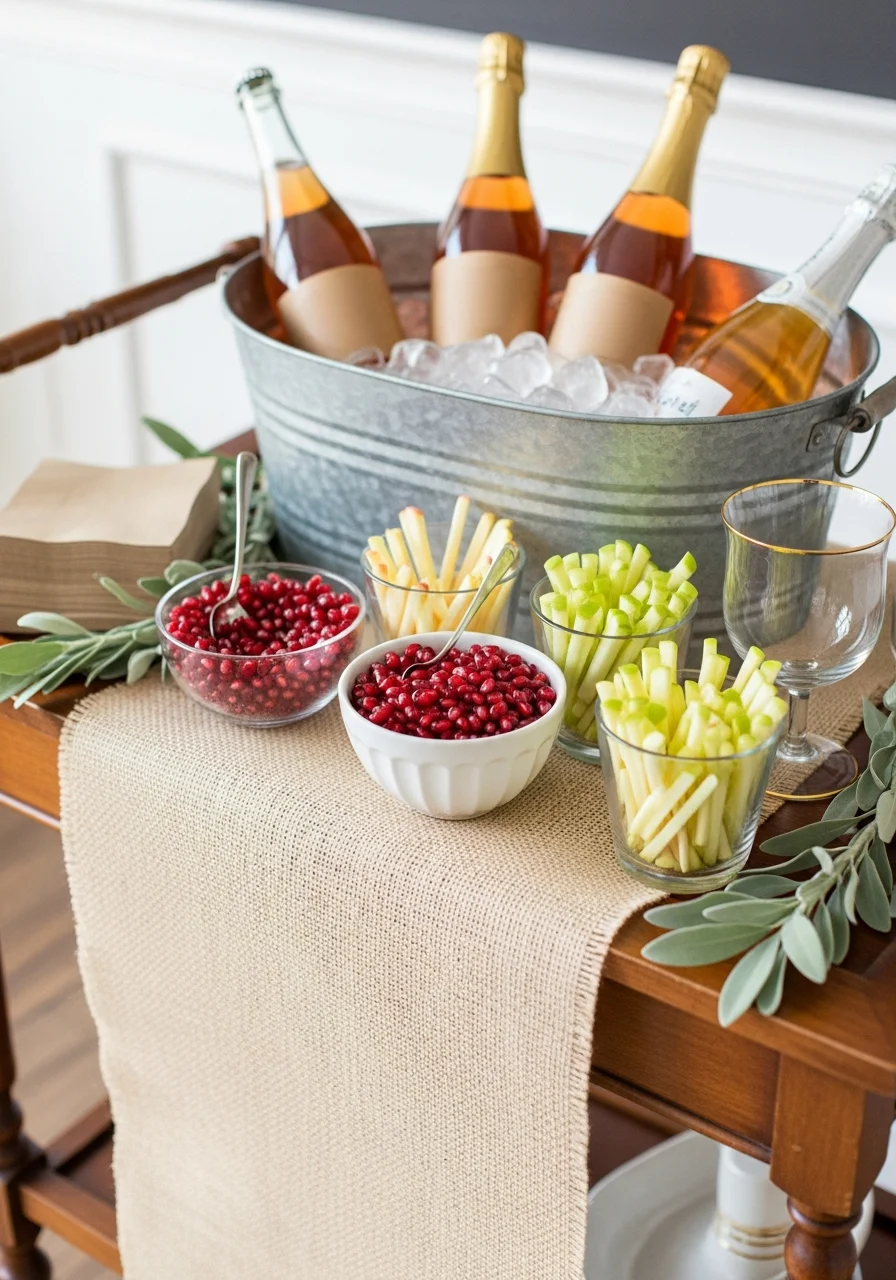 A bar cart setup for cider mimosas with fruit garnishes and champagne bottles.