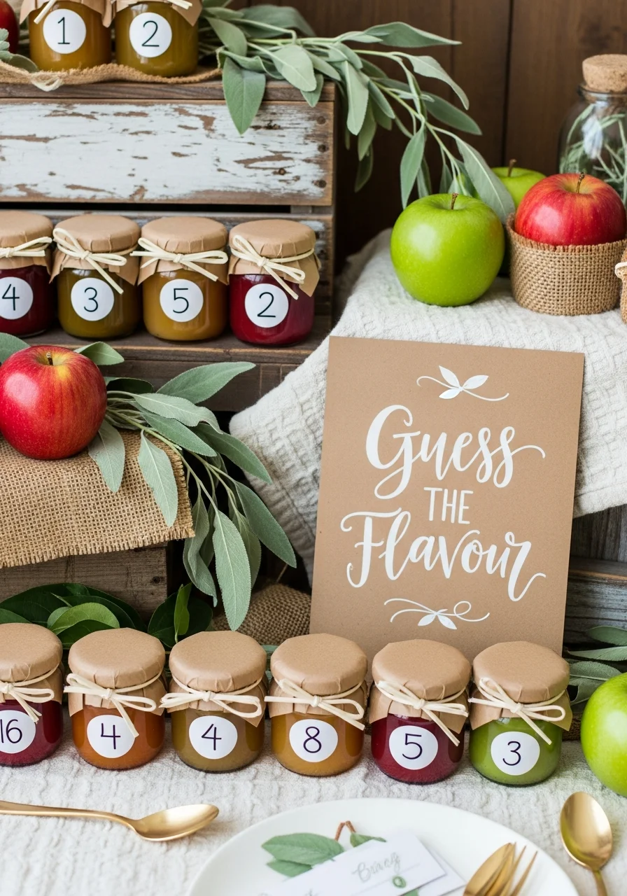 Numbered baby food jars on a table for a guessing game.